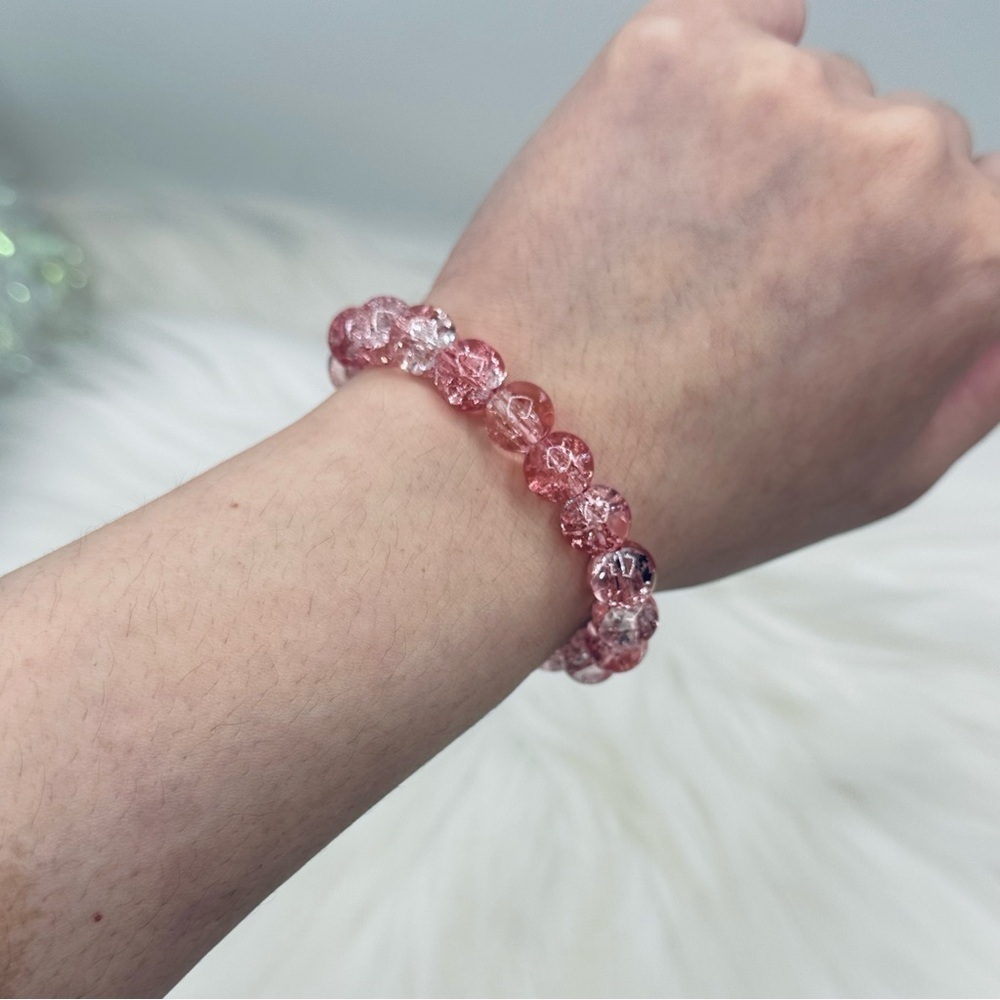 Crystal Bubble Gum Pink Beaded 10mm Beads Bracelet - Picture 2 of 6